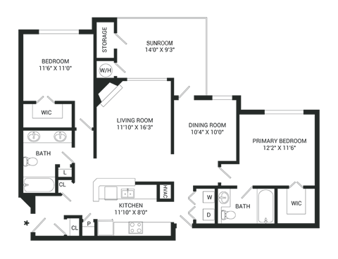 Floor plan for 2 beds, 2 baths, 1259 sqft